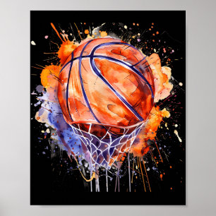 Basketbal Waterverf Kunstwerk Basketbal Hoop Colo Poster