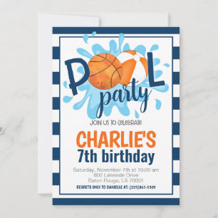 Basketbal Zwembad Party Verjaardag uitnodiging
