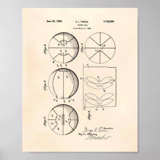 Basketball 1929 Patent Art Old Peper Poster (Voorkant)