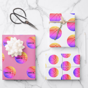 Basketball Ball Pattern Roze Kinder naam Sport Inpakpapier Vel
