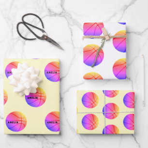 Basketball Ball Pattern Yellow Kinder Name Sports Inpakpapier Vel