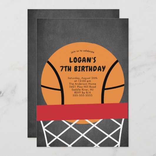 Basketball Birthday Uitnodiging (Voorkant / Achterkant)