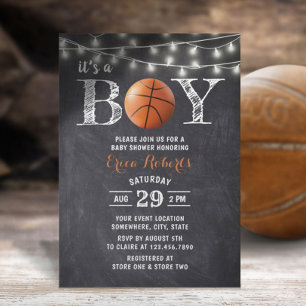 Basketball Boy Rustic Chalkboard Baby shower Kaart
