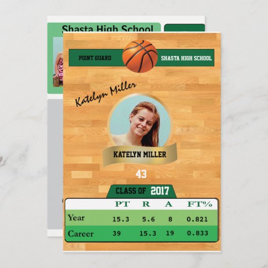 Basketball Card W/Stats Afstudeerder Invitations - Kaart (Voorkant / Achterkant)