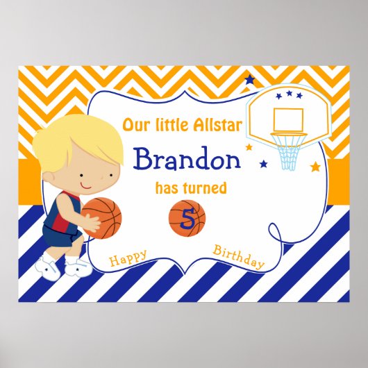 Basketball Cute Blonde Boy Birthday Poster (Voorkant)