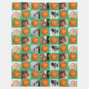 Basketball Family Collage Photo Pattern Green Fleece Deken