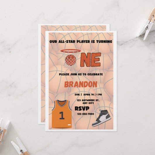 Basketball First Birthday Invitation | All Star Kaart (Voorkant / Achterkant in situ)