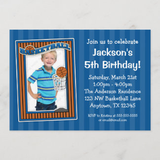Basketball Foto Birthday Party Blue Invitations Kaart