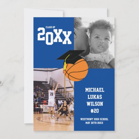 Basketball Graduation Sports Faire-part bleue (Devant)