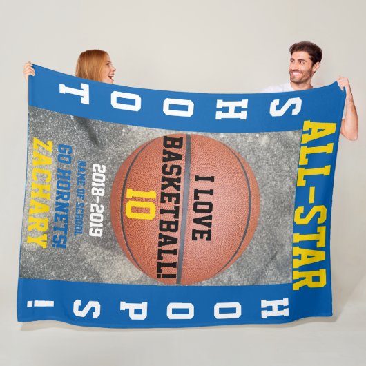 Basketball Hoops Medium Blue Player Team Naam Jaar Fleece Deken (In situ)