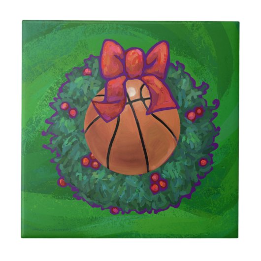 Basketball in kerstmis Wreath Tegeltje (Voorkant)