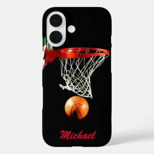 Basketball Jouw naam Black White Red iPhone 16 Hoesje