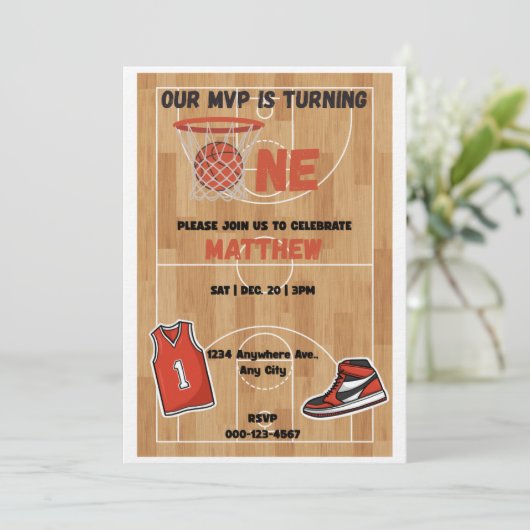 Basketball MVP First Birthday Invitation Kaart (Staand voorkant)