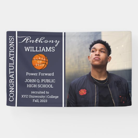Basketball Player Photo Blue | Witte Afstuderen Spandoek (Horizontaal)