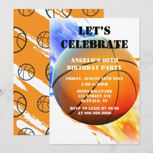 Basketball Red Blue Flames Birthday Party Invites (Voorkant / Achterkant)