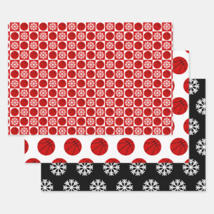 Basketball & Snowflake Red Black & White Kerstmis Inpakpapier Vel