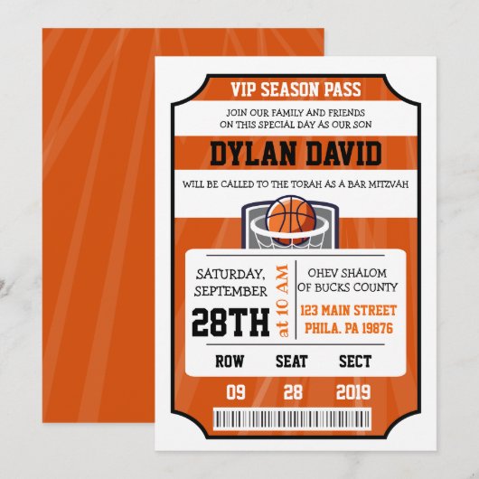 BASKETBALL VIP TICKET Bar Bat Mitzvah Uitnodiging (Voorkant / Achterkant)