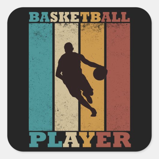 Basketballer dribbelen retro stijl vierkante sticker (Voorkant)