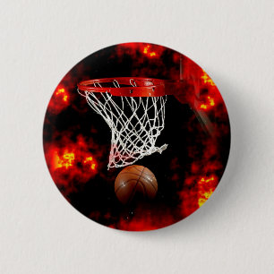 Basketbalnet, bal & vlammen ronde button 5,7 cm
