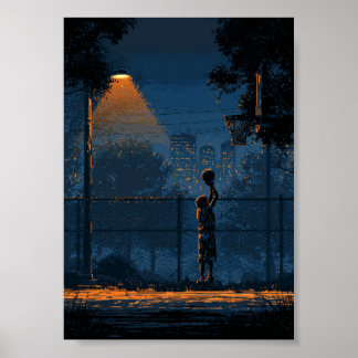 Basketbalspeler 's nachts onder straatlantaarn poster