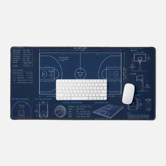 Basketbalveld Blauwdruk Uitgebreid Gaming Bureaubl Bureaumat (Keyboard & Muis)