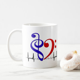 Bass Clef Heart EKG Waves Navy blauw en rood Koffiemok