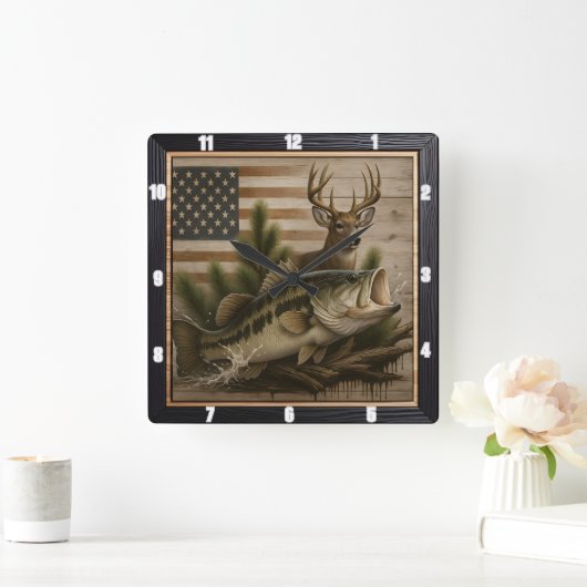 Bass Deer Amerikaanse vlag Vierkante Klok (Huis)