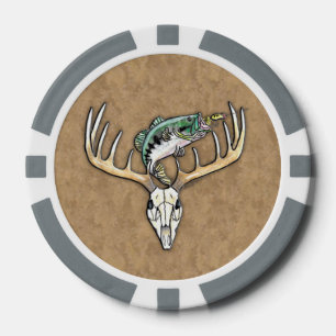 Bass Jumping over Big Buck Horns Skull Poker Chips