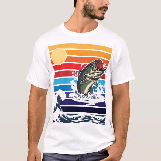 Bass Mouth Retro Sunset Jumping Fish T-shirt (Voorkant)