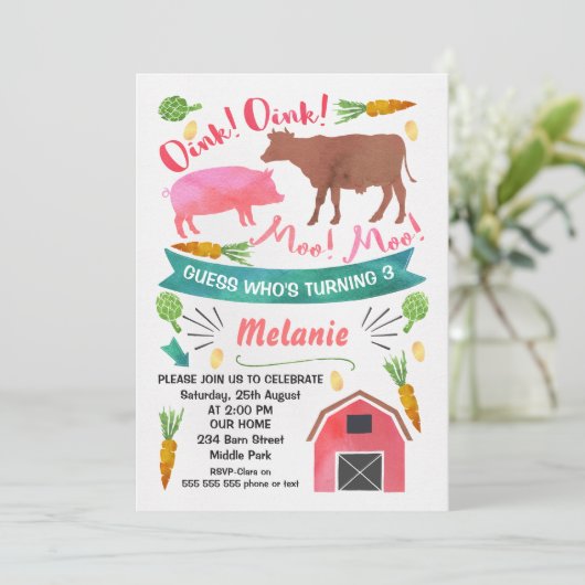 Basse-cour d'aquarelle, invitation d'anniversaire (Debout devant)