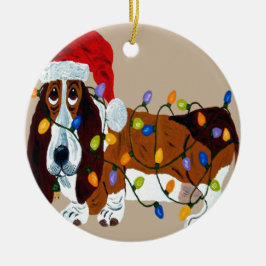 Basset gepantserd met kerstlampjes keramisch ornament