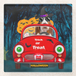Basset Hound Dog Driving Car Scary Halloween Glazen Onderzetter