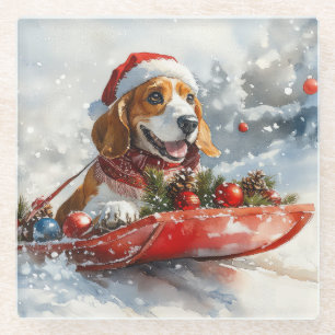 Basset Hound Dog in Sledge Let It Snow Christmas Glazen Onderzetter
