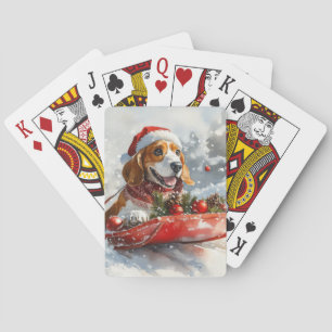 Basset Hound Dog in Sledge Let It Snow Christmas Pokerkaarten