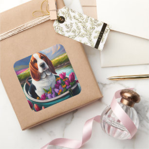 Basset Hound Dog op een peddel: Een Schilderachtig Vierkante Sticker