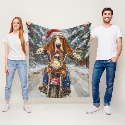 Basset Hound Dog Riding Motorcycle Kerstmis Fleece Deken (In situ)