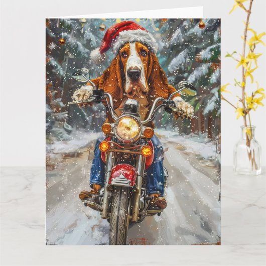 Basset Hound Dog Riding Motorcycle Kerstmis Kaart (Gele Bloem)