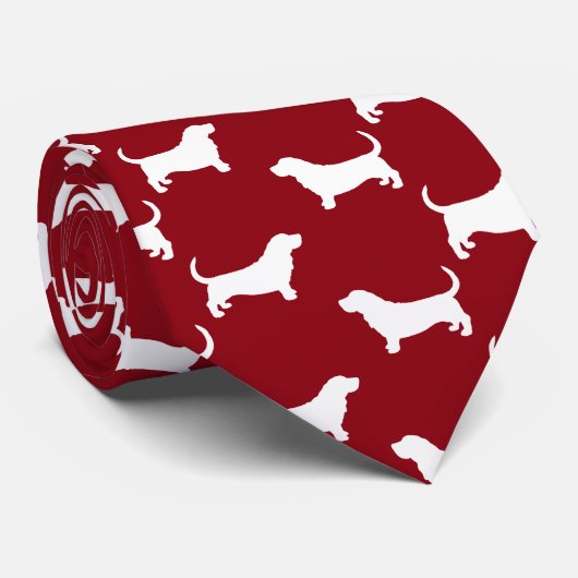Basset Hound Dog Silhouettes Pattern Red en White Stropdas (Opgerold)