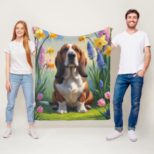 Basset Hound Dog Spring Flowers Painting Fleece Deken