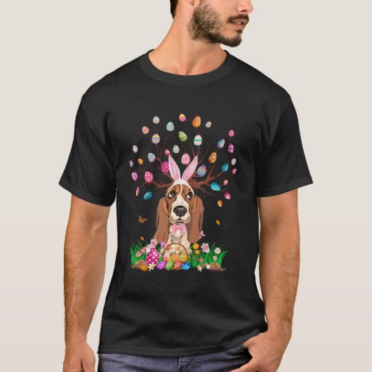 Basset Hound Dog With Bunny Ears Easter Egg Tree E T-shirt (Voorkant)