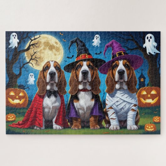 Basset Hound Dogs Pumpkin Halloween Grappig Legpuzzel (Horizontaal)