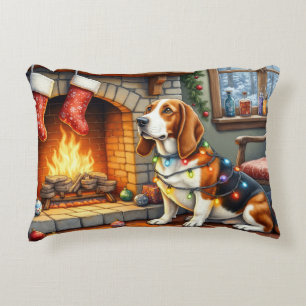 Basset Hound Haard met Kerstverlichting Accent Kussen