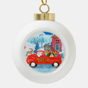 Basset Hound-hond in Kerstbezorgingswagen Sneeuw Keramische Bal Ornament