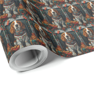 Basset Hound-hond met kerstcadeaus open haard Cadeaupapier