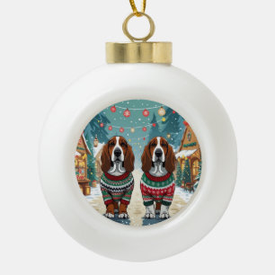Basset Hound Honden Kerstmis Sneeuw Feestdagen Keramische Bal Ornament
