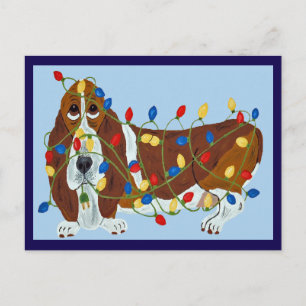 Basset Hound in de knoop met kerstverlichting Feestdagenkaart