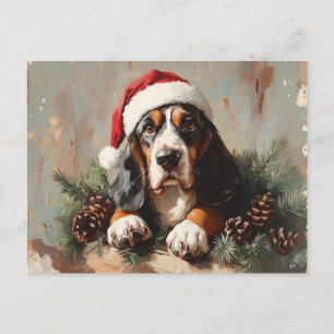 Basset Hound in een schilderij van Santa Hat Oil Briefkaart