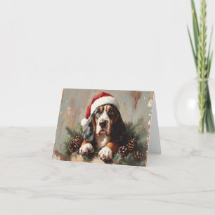 Basset Hound in een schilderij van Santa Hat Oil Feestdagen Kaart
