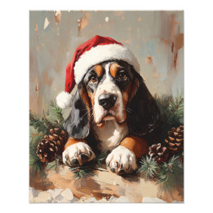 Basset Hound in een schilderij van Santa Hat Oil Foto Afdruk