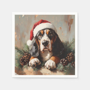Basset Hound in een schilderij van Santa Hat Oil Servet